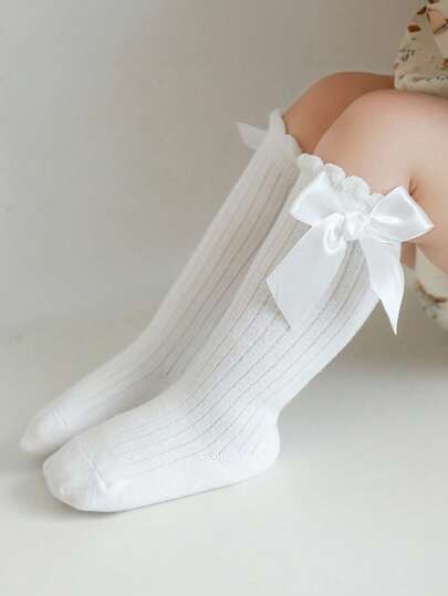 1/3 זוג גרביים עד הברך לבנות, לבנות, עם צלעות אנכיות, קישוט פפיון, גימור קפלים, כל העונה, חדש סתיו/חורף, בד סריג נושם, סגנון נסיכותי, מתאים לבית, מסיבה, בית ספר, מתנה לחג