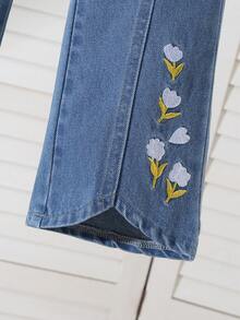 两件套女童休闲牛仔套装，舒适百搭，包含荷叶边袖衬衫和花卉刺绣牛仔裤，春夏新品 - 彩色 - 查看 9
