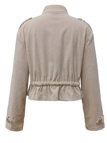Veste zippée en velours côtelé à la mode pour femmes en automne/hiver avec fermeture à boutons et ceinture de taille - Kaki - Voir 2