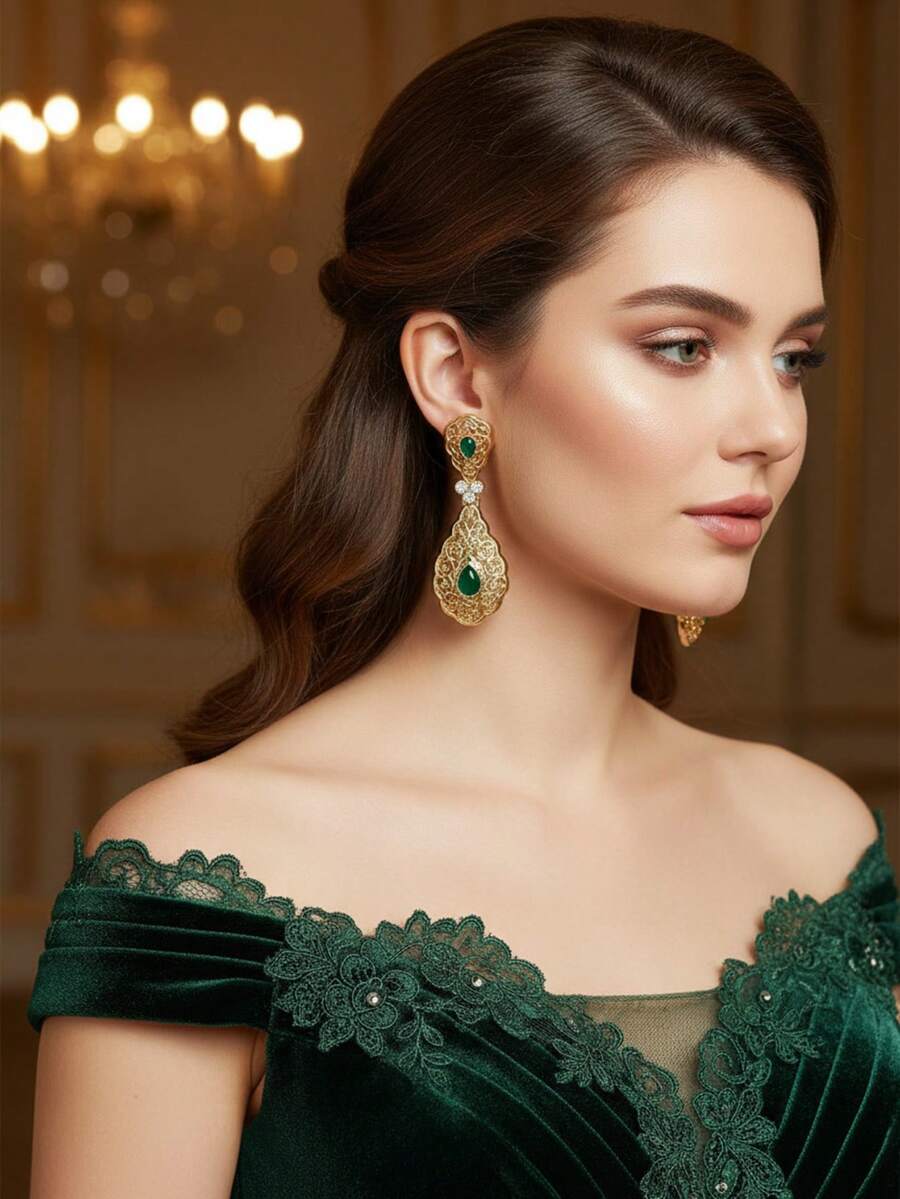 1 par de pendientes de estilo vintage de Oriente Medio con colgante de gota de agua hueco, metal incrustado con rhinestones, adecuado para uso diario, bodas, fiestas, festivales, regalo