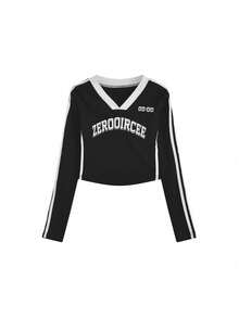 修身 V 领美式字母印花性感棉质长袖 T 恤上衣，春秋季