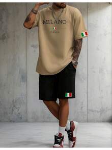 T-Shirt + Shorts Set Printed Sweatshirt Milano Italy Street 100% Cotton Mesh T-Shirt Premium Line Sweatpants With Pocket - Áo phông màu be Quần short Bermuda màu đen - Xem 2