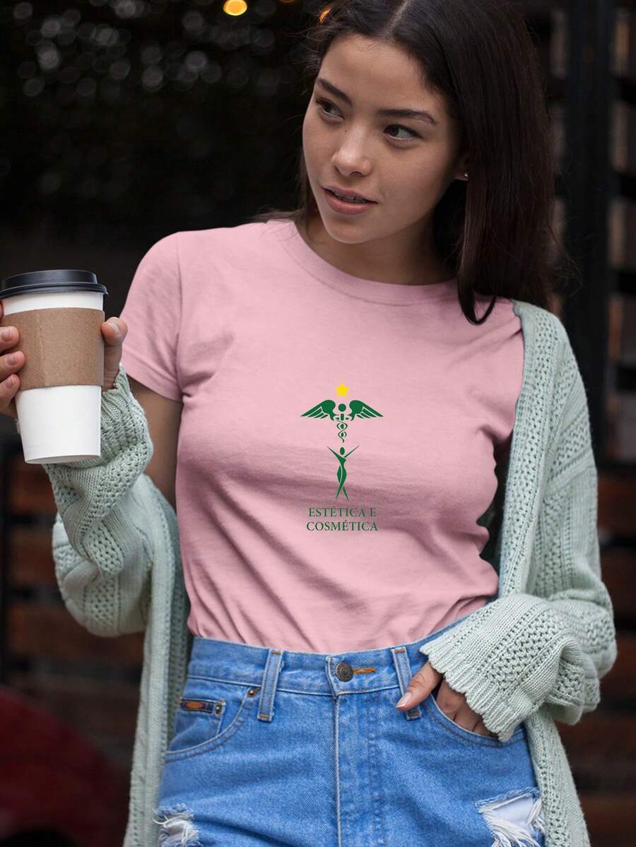 Women's Babylook T-Shirt, Green Aesthetic And Cosmetic Symbol, 100% Cotton, Various Colors - 淺粉色 - 查看 1