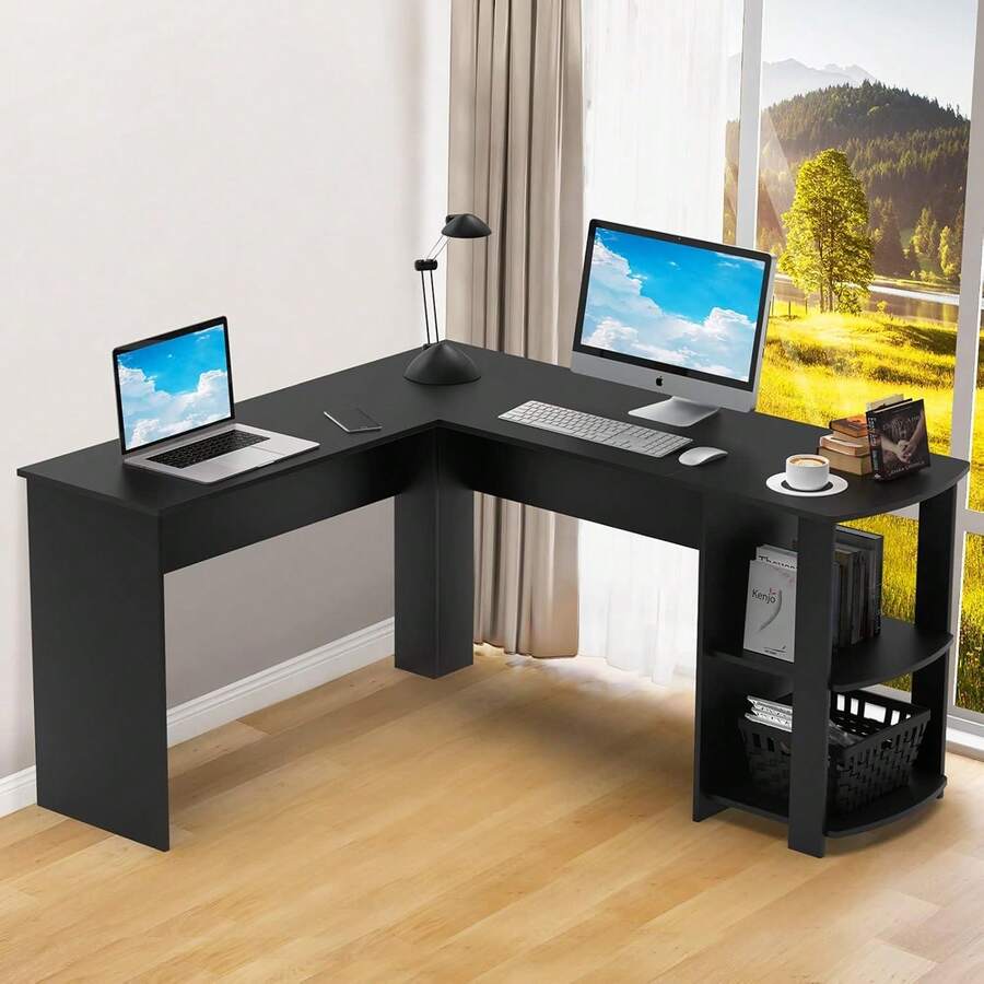 Advwin 140cm L Shaped Computer Desk Corner Study Table Shelf Home ...