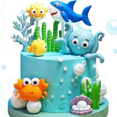 9 件水下蛋糕帽套装 | 海洋动物主题蛋糕装饰 - 章鱼 / 螃蟹 / 鲨鱼形派对帽、水下生日派对场景装饰、海洋 / 沙滩风格婴儿洗礼甜点桌装饰