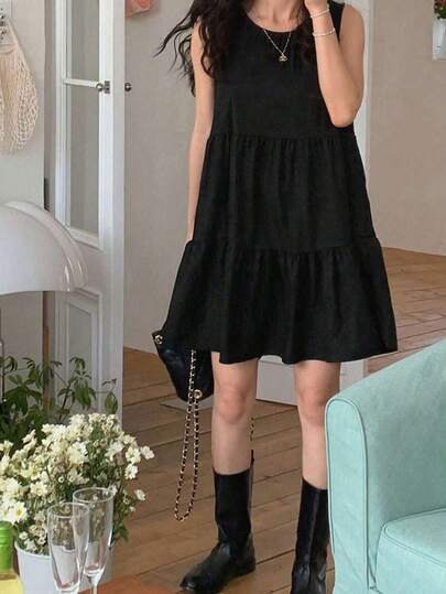 2025春夏女士褶皱设计纯色无袖短款连衣裙