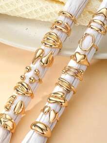 Juego de 17 piezas de anillos de mujer con diseño geométrico de líneas y bolas en estilo retro y punk exagerado, anillos apilables de moda - Amarillo Oro - Ver 6