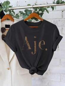 Letter Leopard Print Fashion Casual Short Sleeve Pullover Sweatshirt Women's Round Neck T-Shirt