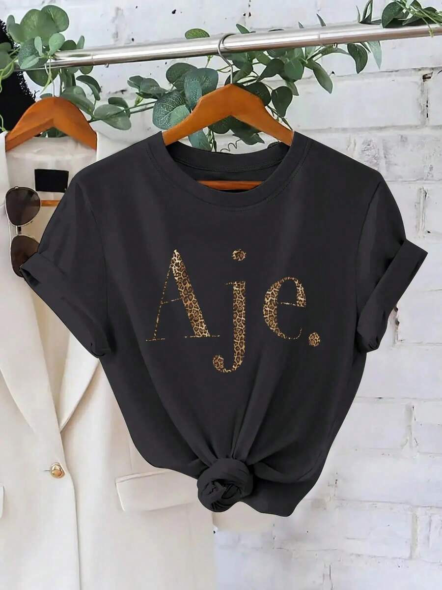 Letter Leopard Print Fashion Casual Short Sleeve Pullover Sweatshirt Women's Round Neck T-Shirt