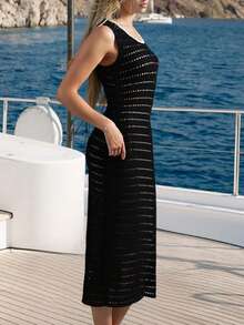 Knit Mix Women Round Neck Sexy Minimalist Fitted Floral Print Mini Dress, Spring/Summer (Pattern Random) - Black - View 6