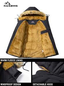 Men's Winter Jacket Water-Resistant Windproof Thicken Parka Snow Skiing Hooded Coat Hiking Camping - Black - View 2