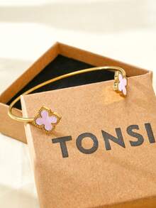 TONSI 1 Set Minimalist Elegant Versatile Luxury 18K Gold Plated Stainless Steel Four-Leaf Clover Bracelet & Ring Jewelry Gift Box Set, Best Birthday/Holiday Gift For Women