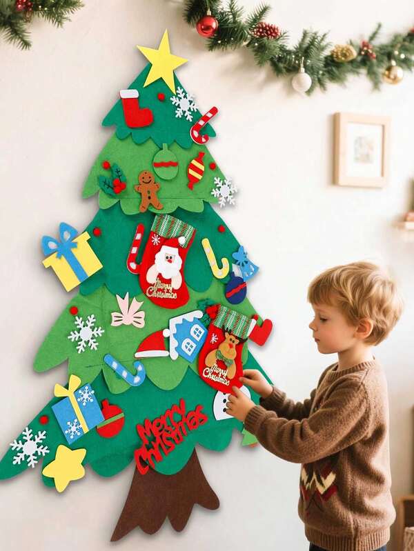 108-Piece DIY Felt Christmas Tree Kit (Includes Ornaments), Christmas Gifts, New Year Door Decor Wall Hanging. Felt Christmas DIY Kit Allows Creation Of Names And Messages, Perfect For Christmas Decorations And Party Supplies. Ideal As Gifts For Children's Christmas Activities, DIY Crafts, And Winter Decorations.