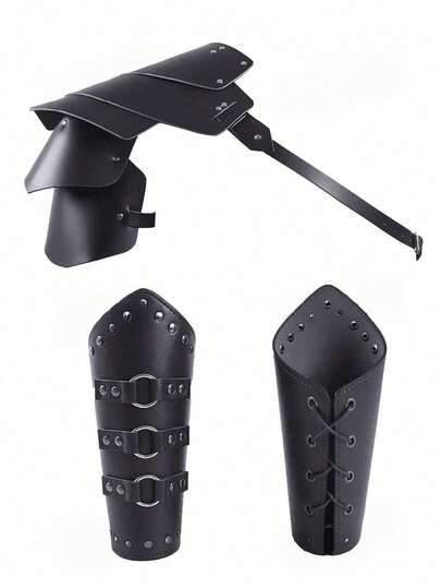 3pcs/Set Men's Medieval Knight PU Leather Arm Guards, Warrior Shoulder Armor With Studs, Gladiator Costume Accessories Halloween Costume
