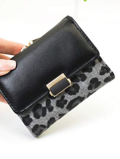 豹纹按扣短款女士钱包三折多功能钱包；纯色按扣短款女士钱包三折多功能钱包女士钱包迷你钱包钱包秋季小钱包可爱钱包