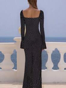 Women's Elegant Commuter, Casual, Versatile Long Sleeve Flare Sleeve Black & White Classic Polka Dot Print Square Neck Dress With Gold Shell Button Decor, Bodycon Fit With Flared Hem, Suitable For Halloween, Christmas Eve, Christmas, Spring Festival, Outing, Gathering With Friends, Shopping, Entertainment, Work, Etc. Basic Jacket Fabric Is Comfortable, Stylish Design, High Cost-Performance, Suitable For Autumn/Winter Wear