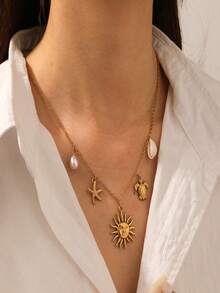 1 Gold-Plated Face Sun Starfish Turtle Pendant, Thin Chain, Stainless Steel Simple Heavy Industry Jewelry Necklace