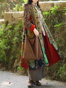 LUZU JUNU Women's Trench Coat Floral Print Long Cotton Linen Jacke Cottagecore Clothing Patchwork Outwear Bohemian Unique - 綠色 - 查看 6