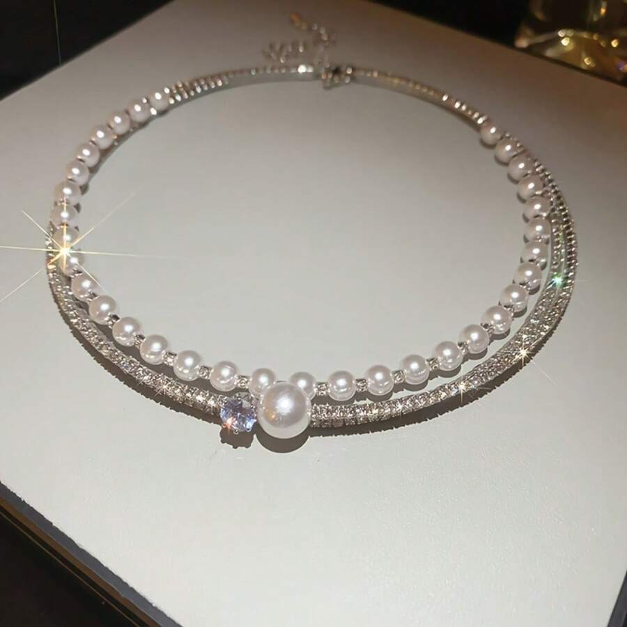 A Sophisticated And Fashionable Party Or Banquet From Japan And South Korea, Paired With A Multi-Layered Artificial Pearl Round Ball Collar - Bạc - Xem 1