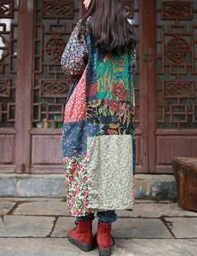 LUZU JUNU Women's Trench Coat Floral Print Long Cotton Linen Jacke Cottagecore Clothing Patchwork Outwear Bohemian Unique - 黃色暖色絎縫 - 查看 11