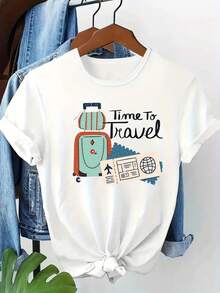 [2025 nueva llegada] camiseta de manga corta para mujeres de verano patrón de moda diseño impreso sensación de estilo casual cuello redondo pullover camiseta para mujeres top versátil - Blanco - Ver 2