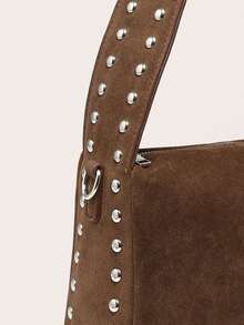 1 Túi vuông dung tích lớn dành cho nữ, vải da lộn, trang trí đinh tán, dây đeo bản rộng, thiết kế độc đáo, túi đeo vai/nách khi đi làm - màu nâu - Xem 5