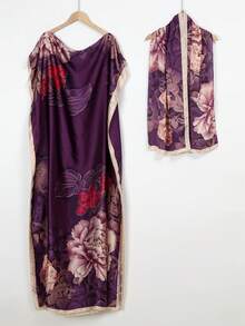 1pc Lightweight Faux Silk Printed Robe With Scarf Set, Women Coverup For Beach, Sun Protection, Daily Wear - Multicolor - View 17