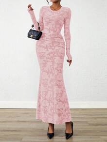 Women Elegant Floral Lace Long Sleeve Bodycon Maxi Dress Spring Fall Autumn Prom Wedding Guest Outfits - 粉色 - 查看 1