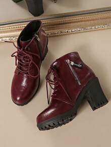 2025 New Women's Boots High Heel Thick Sole Waterproof Platform Ankle Boots, Chunky Heel, British Style, Wine Red, Autumn/Winter