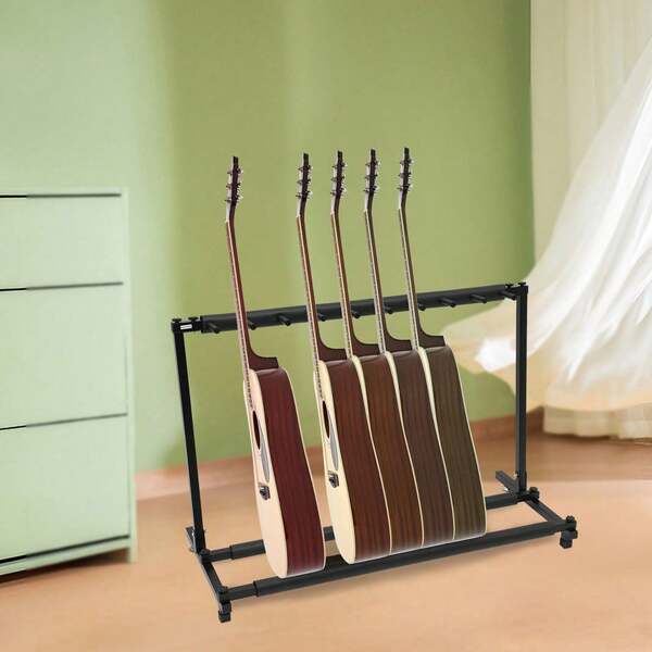 Support de guitare en fer noir pouvant accueillir 9 guitares, pliable et moderne, organiseur de rangement décoratif pour salle de musique avec manchon en éponge pour pieds réglables (110 x 47 x 73 cm)