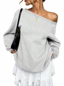 Women's Fleece Lined Off Shoulder Long Sleeve Oversized Pullover Top, Slouchy Basic Sweatshirt 8UTF - Gray - 查看 1