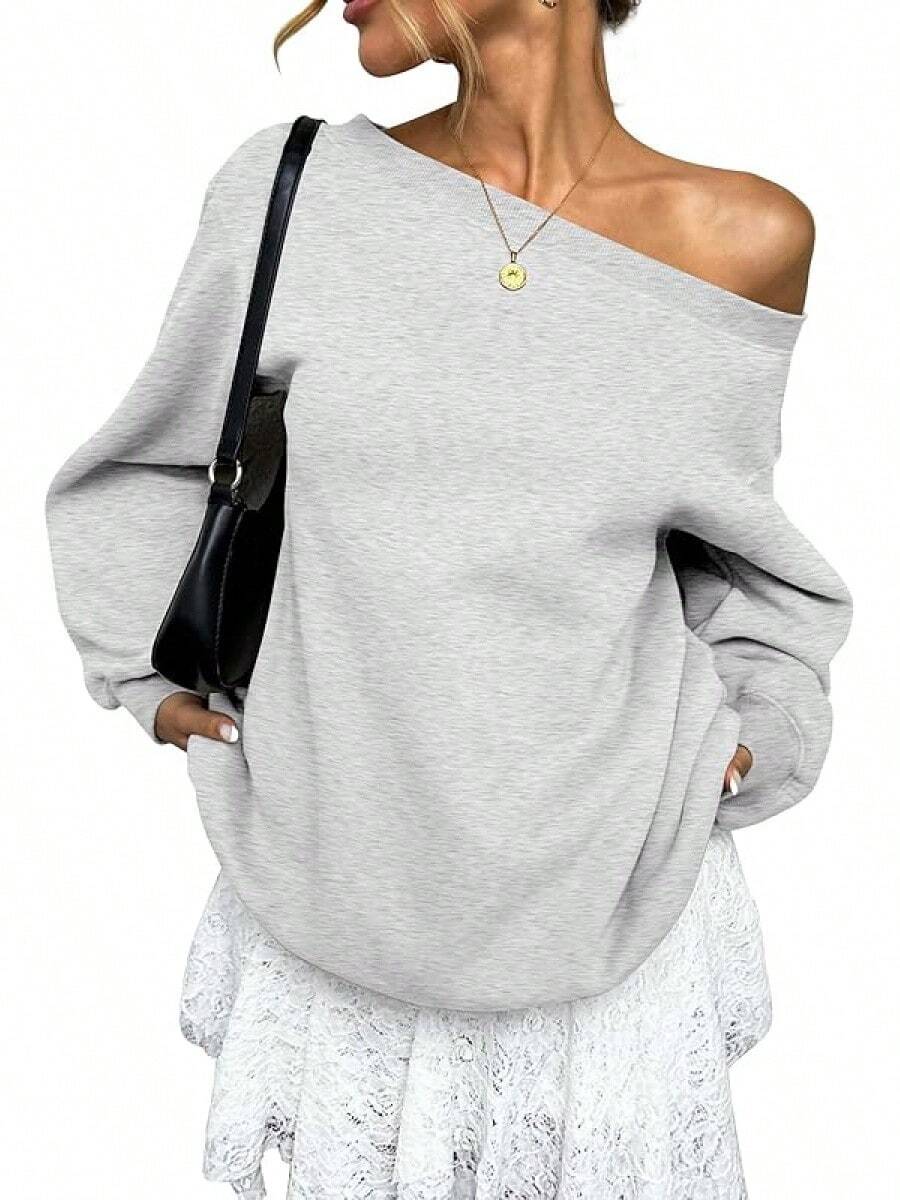 Women's Fleece Lined Off Shoulder Long Sleeve Oversized Pullover Top, Slouchy Basic Sweatshirt 8UTF - Gray - 查看 1
