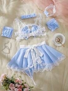 Bộ trang phục cosplay hầu gái gợi cảm bao gồm áo, tạp dề quấn, vòng tay, băng đô, vòng cổ, quần lót - Màu xanh lam - Xem 2