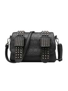 (Halloween) New Fashion Solid Color Multi-Compartment Shoulder Bag, Versatile High-End Skull Embossed Design, Unique Rivet Decor Detachable Adjustable Magnetic Flap Crossbody Bag, Suitable For Outing, Dating, Shopping, Commuting/Work, Office Daily Matching, Gift Giving.