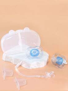 KUNT 4pcs Baby Pacifier Set, Daytime Round Nipple, Nighttime Flat Nipple, Silicone Pacifier Nipples With Dust Cover And Plastic Handle, PTCG Transparent Shell Design