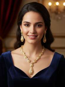 阿拉伯風格時尚受歡迎的宮殿透空鑲鑽雕花落淚項鍊耳環套裝，適合新娘在婚禮、宴會、派對和舞會上佩戴。