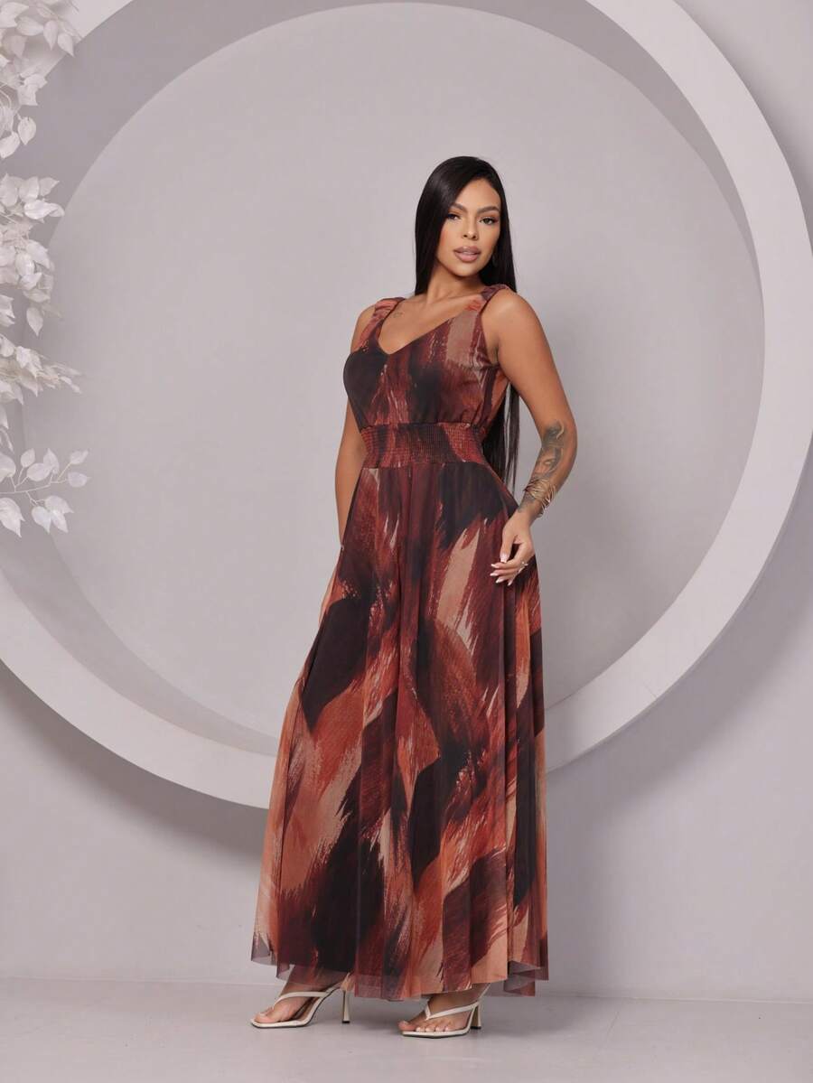 Women's Tulle Tank Top Jumpsuit With A Waistband - 橘色 - 查看 1