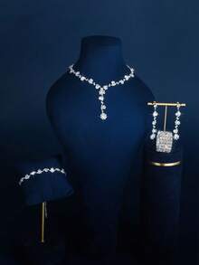简约新娘项链时尚首饰套装，优雅百搭水钻精致爪链项链耳环手链戒指套装 4 件套 - 金色 - 查看 4