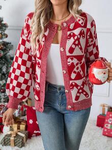 Autumn/Winter New Casual Chic Christmas Sweater Button Front Long Sleeve Cardigan Red Top Long Sleeve Going Out Top Thanksgiving For Women New Year Women's Party Daily Wear Date Festival Christmas - Red - View 1