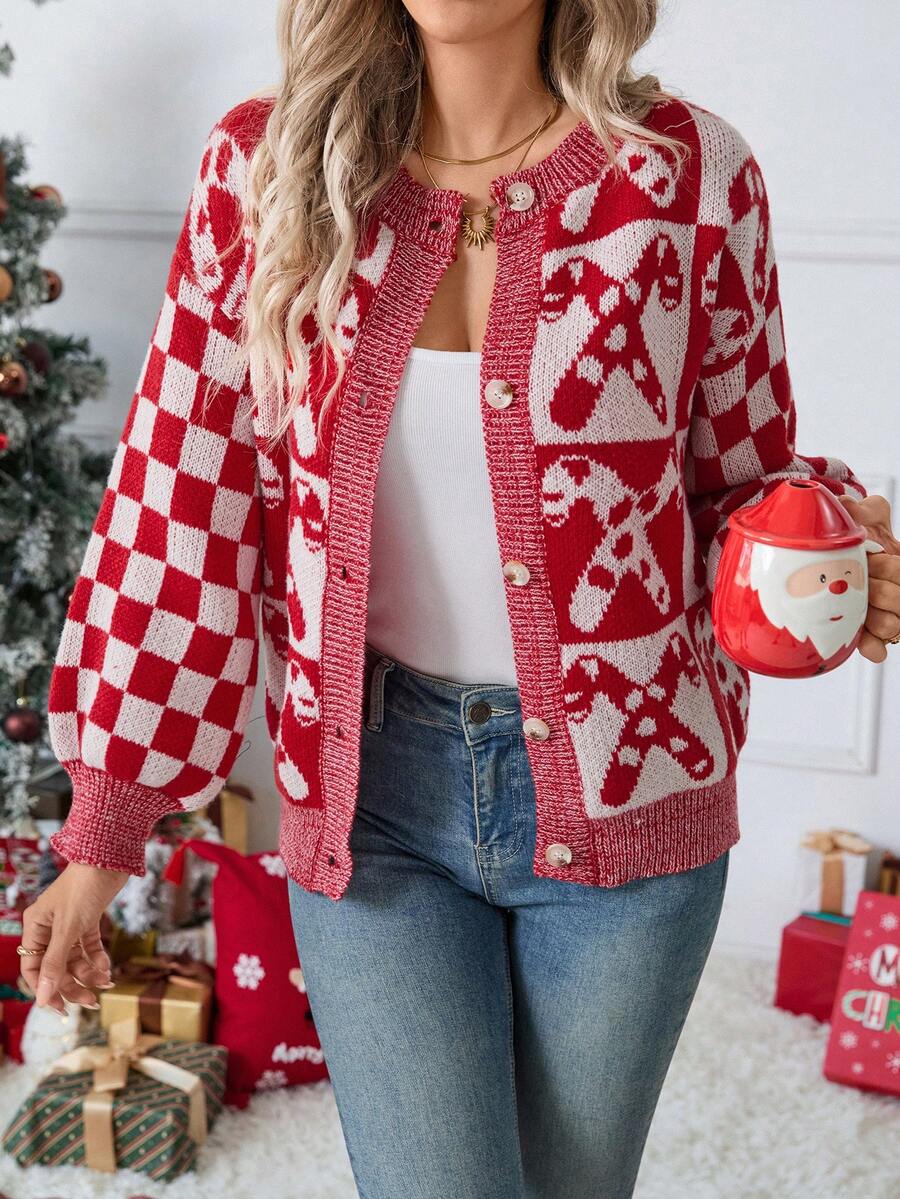 Autumn/Winter New Casual Chic Christmas Sweater Button Front Long Sleeve Cardigan Red Top Long Sleeve Going Out Top Thanksgiving For Women New Year Women's Party Daily Wear Date Festival Christmas - Red - View 1