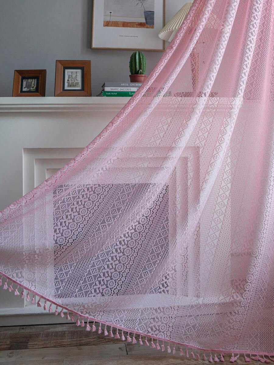 1pc Pink Geometric Hollow-Out Curtain, Boho Copper Coin Hollow Rectangle Sheer Curtain, Suitable For Bedroom, Living Room, Kitchen, Dining Room, Cafe, Gym, Foyer, All Season Home Use - Pink - View 1