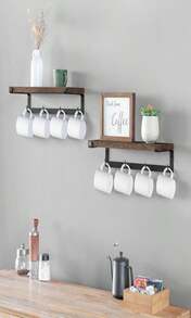 Dahey Mug Holder Wall Mounted Mug Rack With Hooks, Set Of 2, Storage Rustic Floating Shelf Coffee Bar Accessories Wood Coffee Cup Hanger For Organizing Cooking Utensil Home Kitchen Decor, Brown