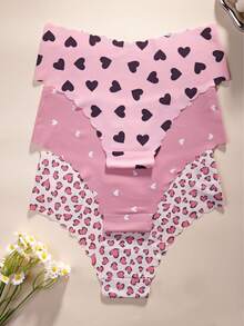 3 件套女士内裤，可爱心形印花，荷叶边饰边，面料柔软顺滑，舒适休闲内衣 - 彩色 - 查看 2
