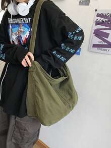 女士大容量水洗复古绿色帆布托特包，简约休闲百搭拉链开合单肩包，适合日常使用、学校、大学、旅行、街头风格，可折叠斜挎包 - 墨綠色 - 查看 3