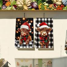 1set/2pcs/100pcs Christmas Cow With Santa Hat And Plaid Scarf Pattern Kitchen Towels And Dishcloths, Suitable For Interior Decoration In Restaurants, Kitchens And Bathrooms, Party Decoration, Festival Gifts, As A Gift - Multicolor - View 5