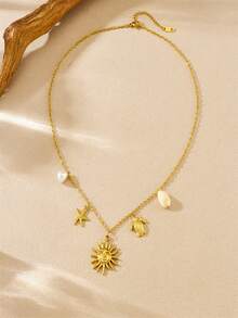 1 Gold-Plated Face Sun Starfish Turtle Pendant, Thin Chain, Stainless Steel Simple Heavy Industry Jewelry Necklace