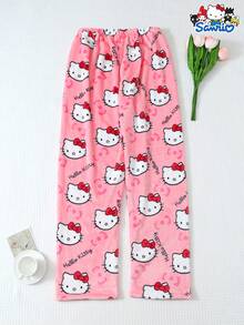 Sanrio Women's Winter Hello Kitty Cute Cartoon Flannel Pajama Pants, Soft, Fluffy, Non-Sheer, Suitable For Lounging At Home, Fall Winter