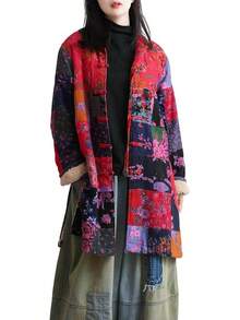 LUZU JUNU Women's Trench Coat Floral Print Long Cotton Linen Jacke Cottagecore Clothing Patchwork Outwear Bohemian Unique - 玫瑰夾克毛絨襯裡 - 查看 1