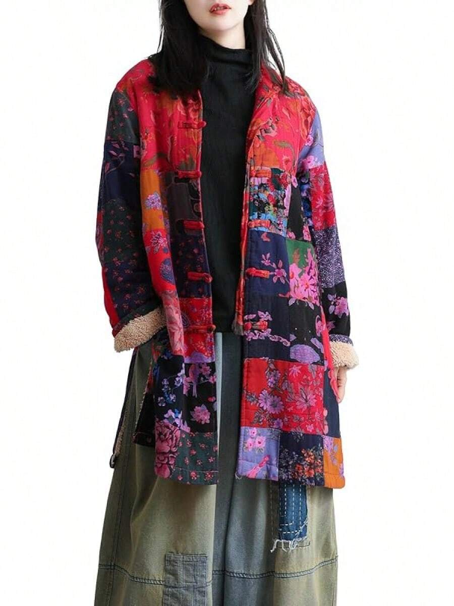 LUZU JUNU Women's Trench Coat Floral Print Long Cotton Linen Jacke Cottagecore Clothing Patchwork Outwear Bohemian Unique - 玫瑰夾克毛絨襯裡 - 查看 1