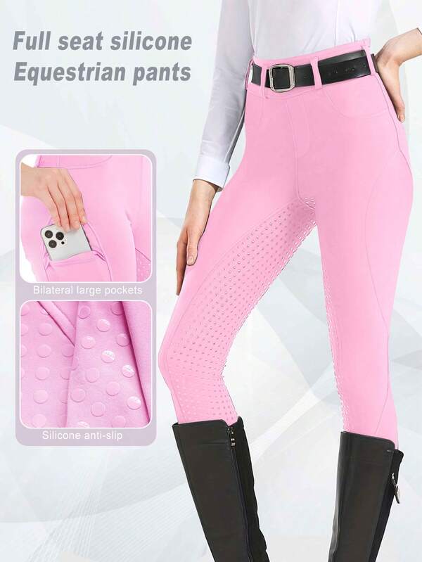 Calças equestres femininas rosa, totalmente em silicone, antiderrapantes, resistentes ao desgaste e a rugas, design de cintura alta, calças justas com estampa de bolinhas e bolsos, alta elasticidade, adequadas para todas as estações, cinto não incluído